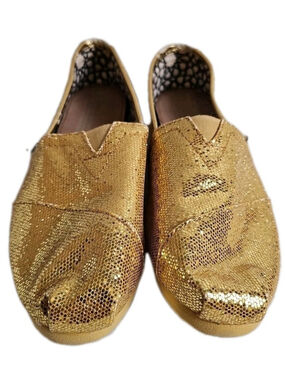 Toms Gold Glitter Alpargata Slip On Loafer Shoes Womens Size 6.5 Classic Flats